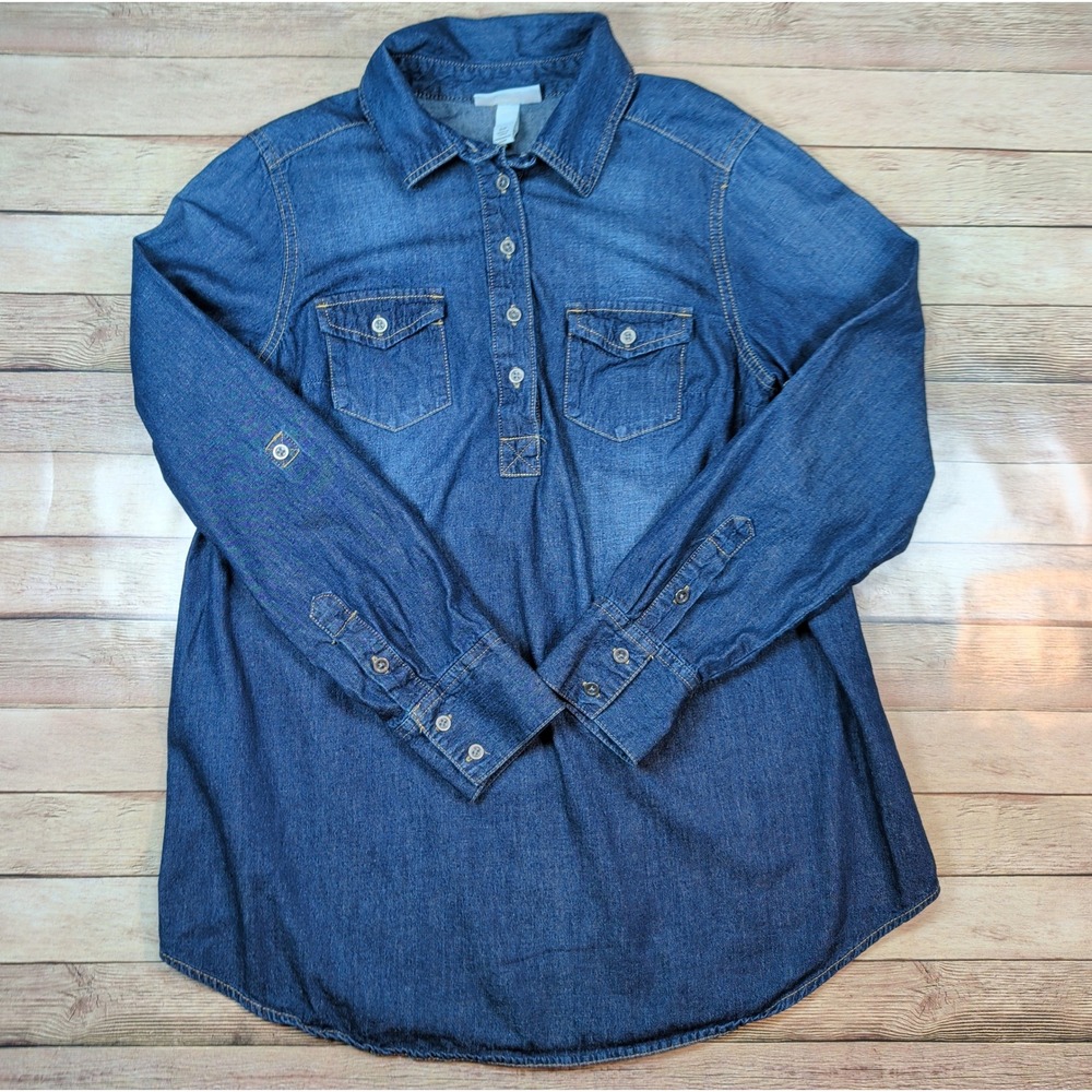 Liz Lange Maternity Tunic Women Small Blue Denim Long Sleeve Roll Tab Cotton